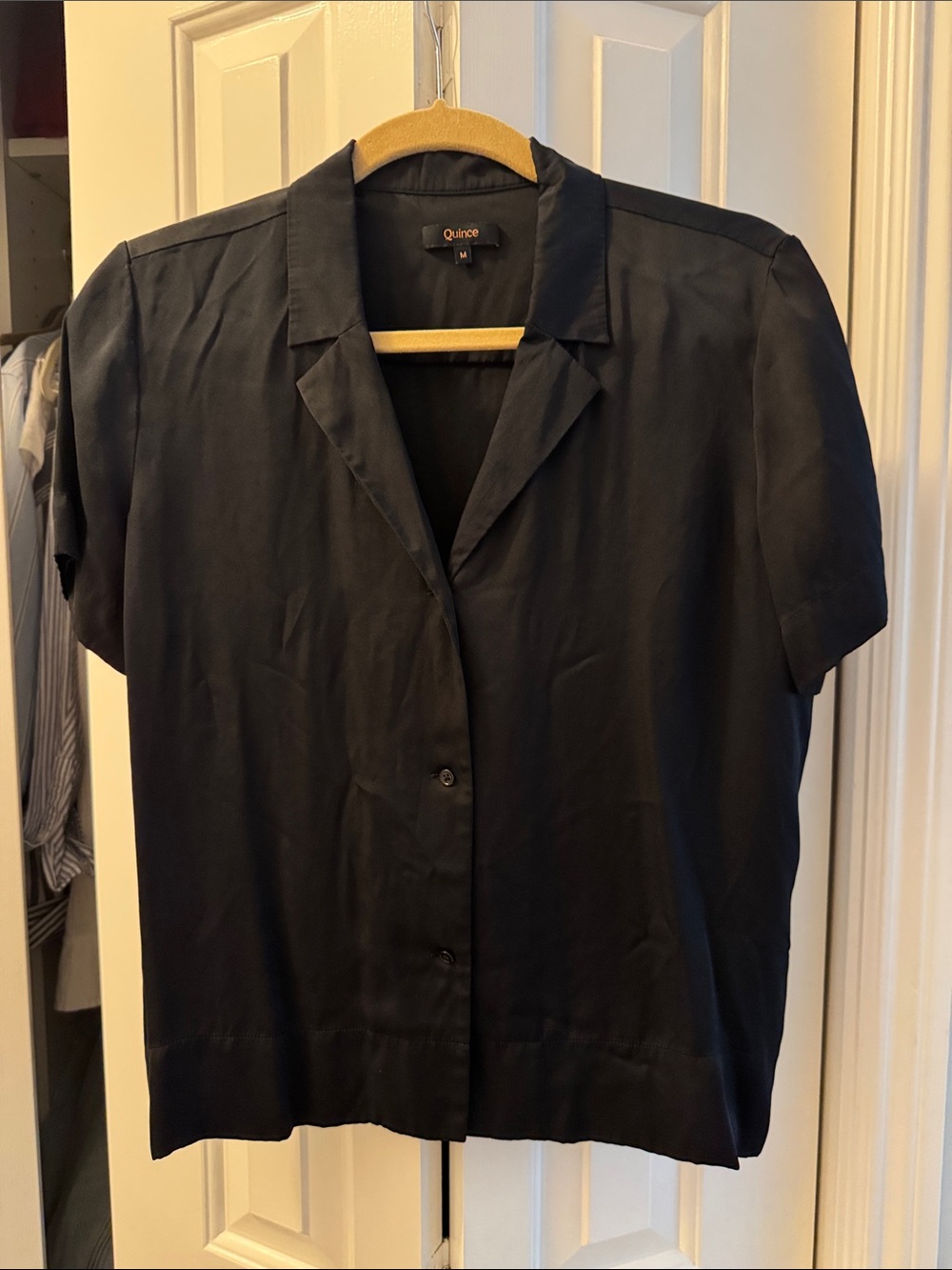 Quince Washable Silk Black Short Sleeve Button Front Blouse